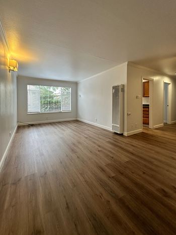 Empty living room with large window and wood flooring